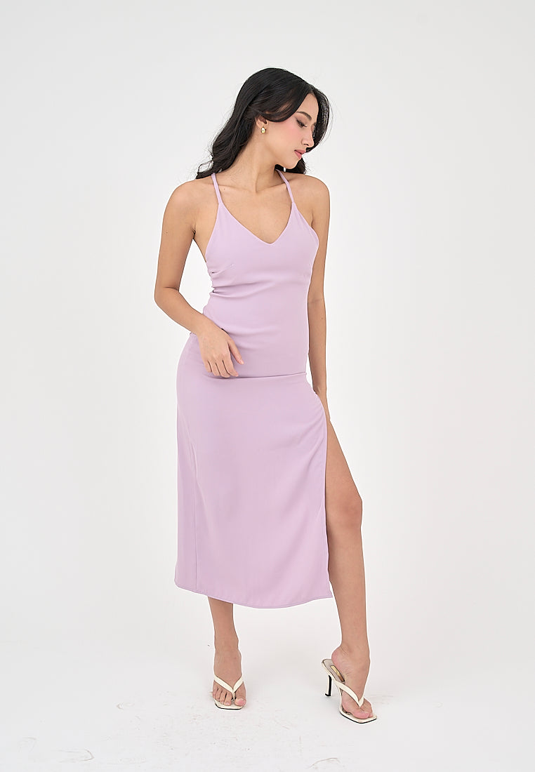 Merith Lilac V-Neck with High Slit Midi Dress