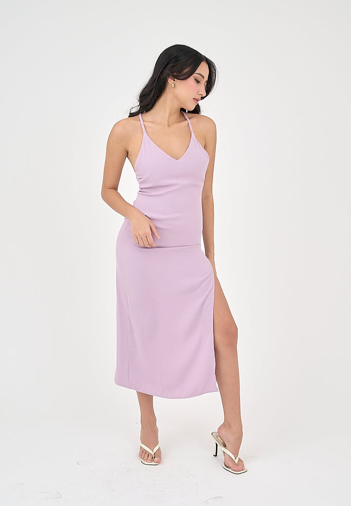 Merith Lilac V-Neck with High Slit Midi Dress