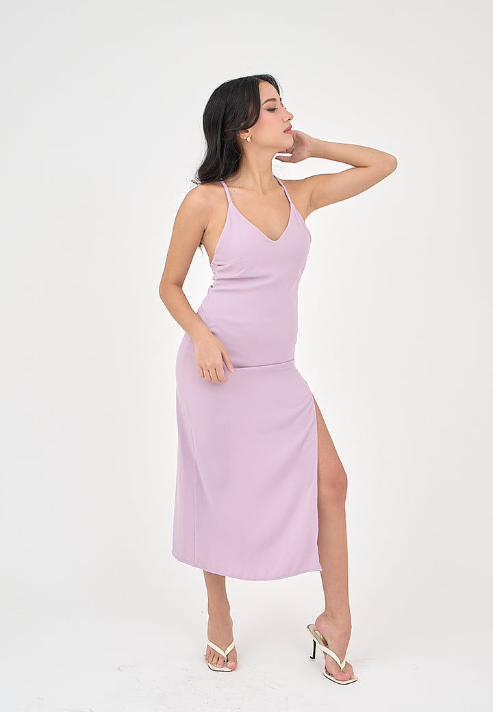 Merith Lilac V-Neck with High Slit Midi Dress