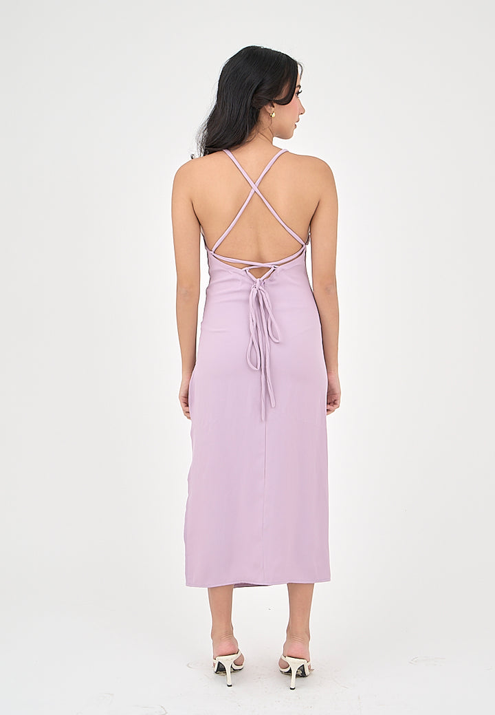 Merith Lilac V-Neck with High Slit Midi Dress