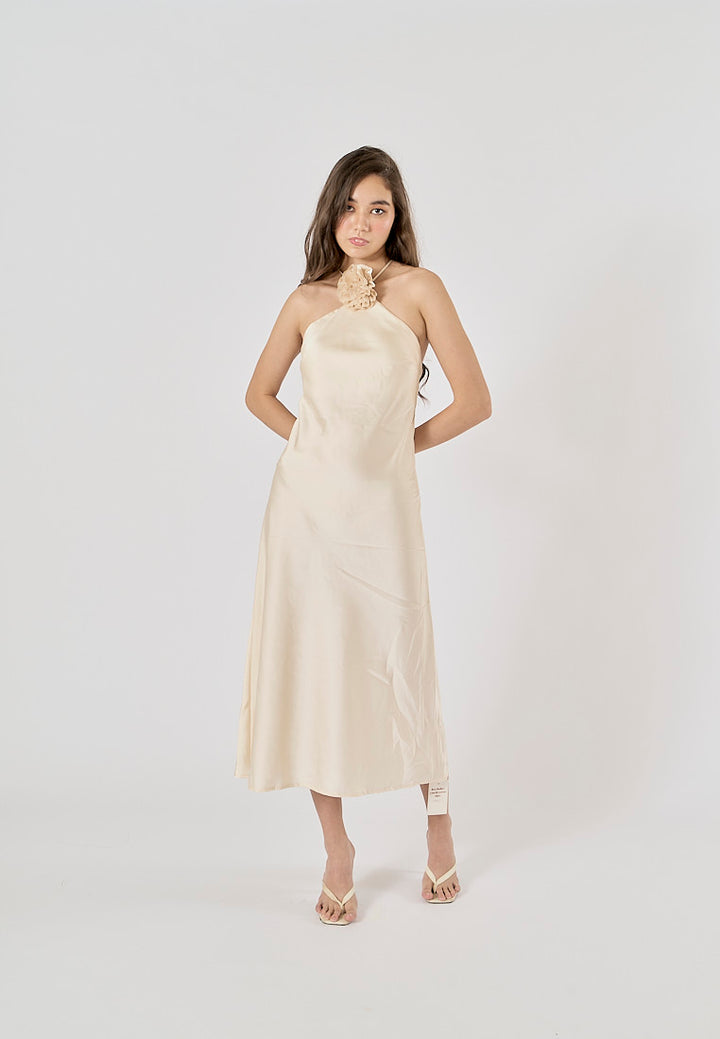 Kova Beige Detachable Flower Applique Halter Neck Midi Dress