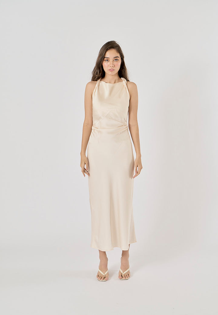 Seporha Beige Cowl Neck Midi Dress
