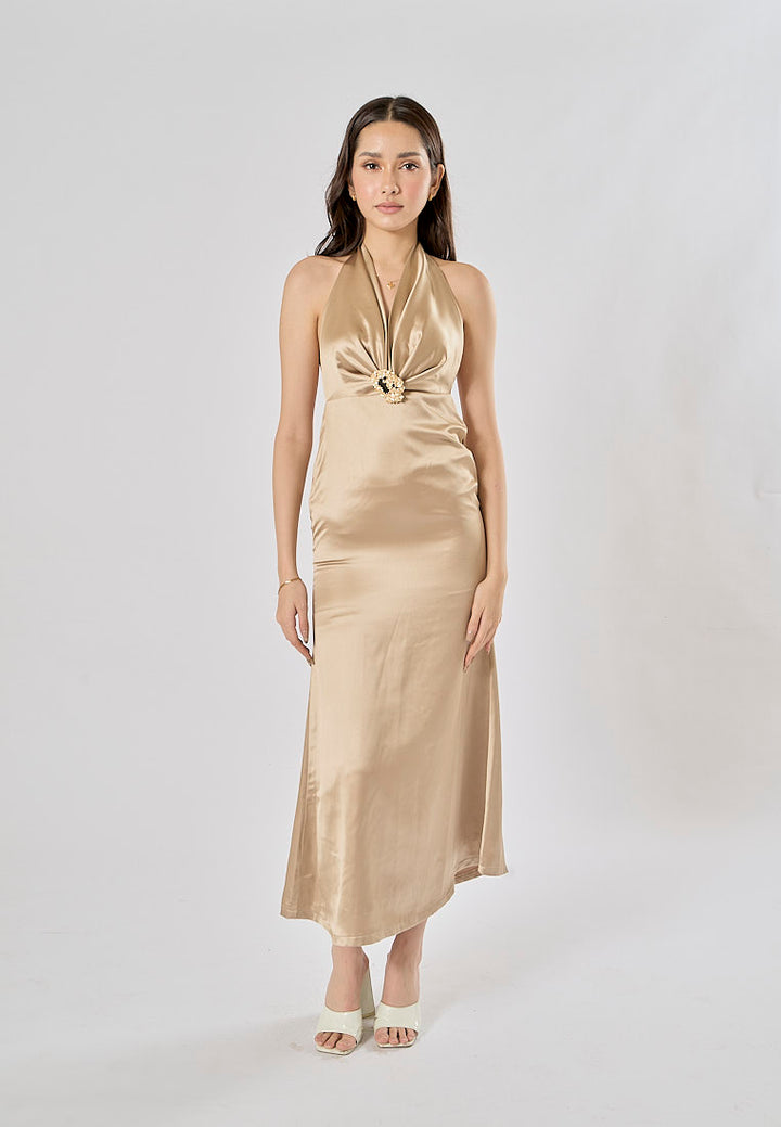 Kavita Brown Deep V-Neck Halter  Bodycon Maxi Dress
