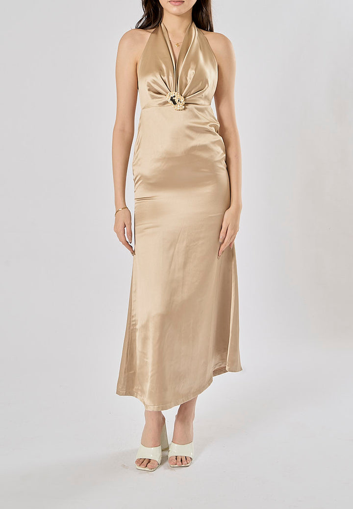 Kavita Brown Deep V-Neck Halter  Bodycon Maxi Dress