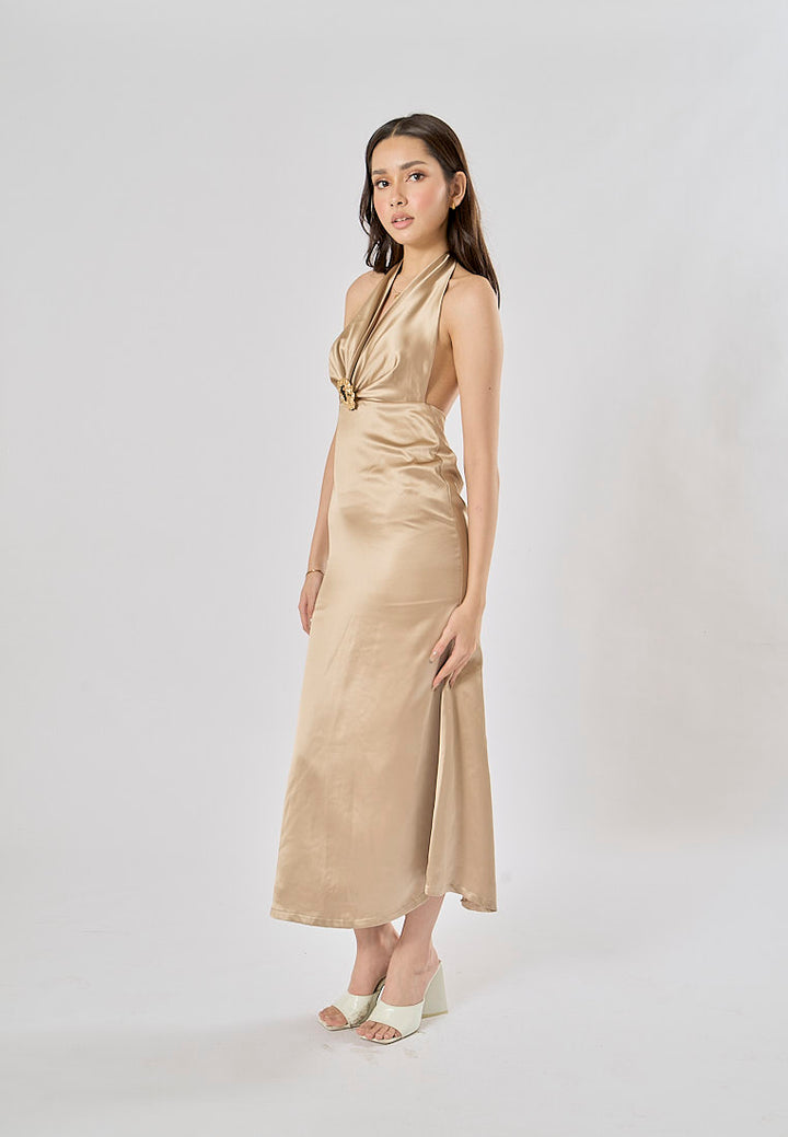 Kavita Brown Deep V-Neck Halter  Bodycon Maxi Dress