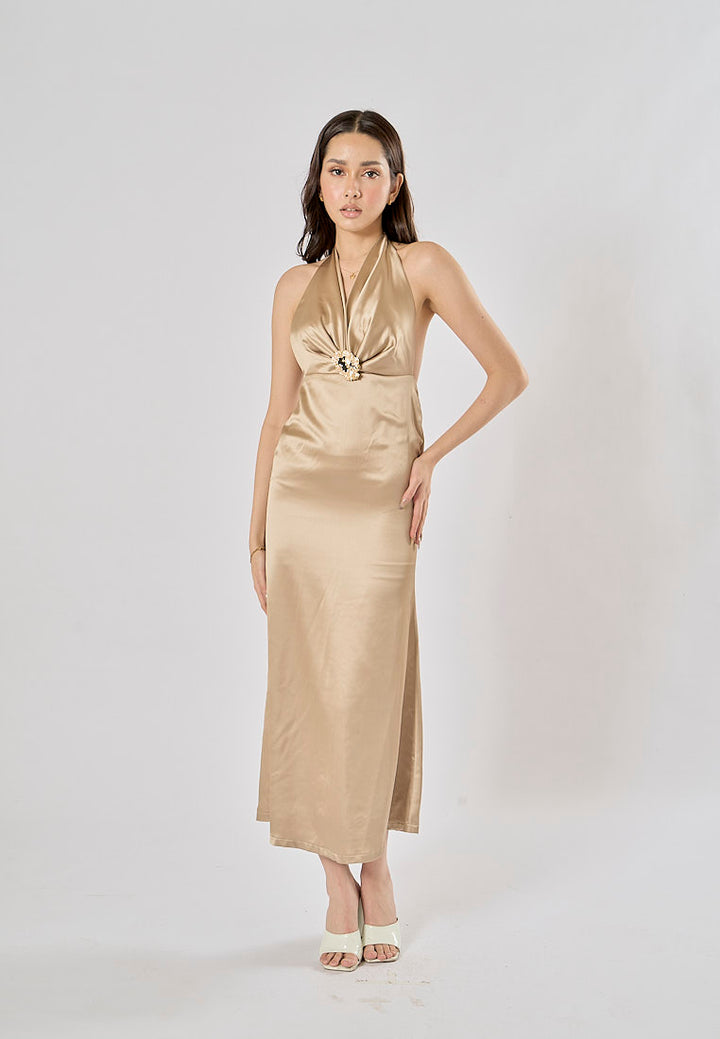 Kavita Brown Deep V-Neck Halter  Bodycon Maxi Dress