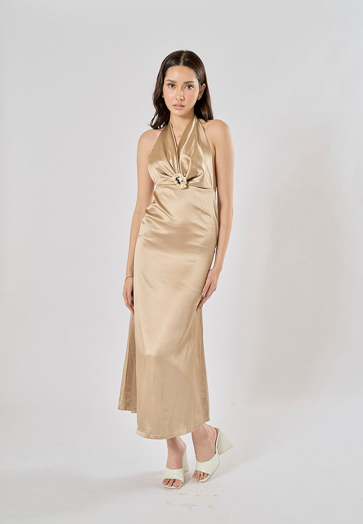 Kavita Brown Deep V-Neck Halter  Bodycon Maxi Dress