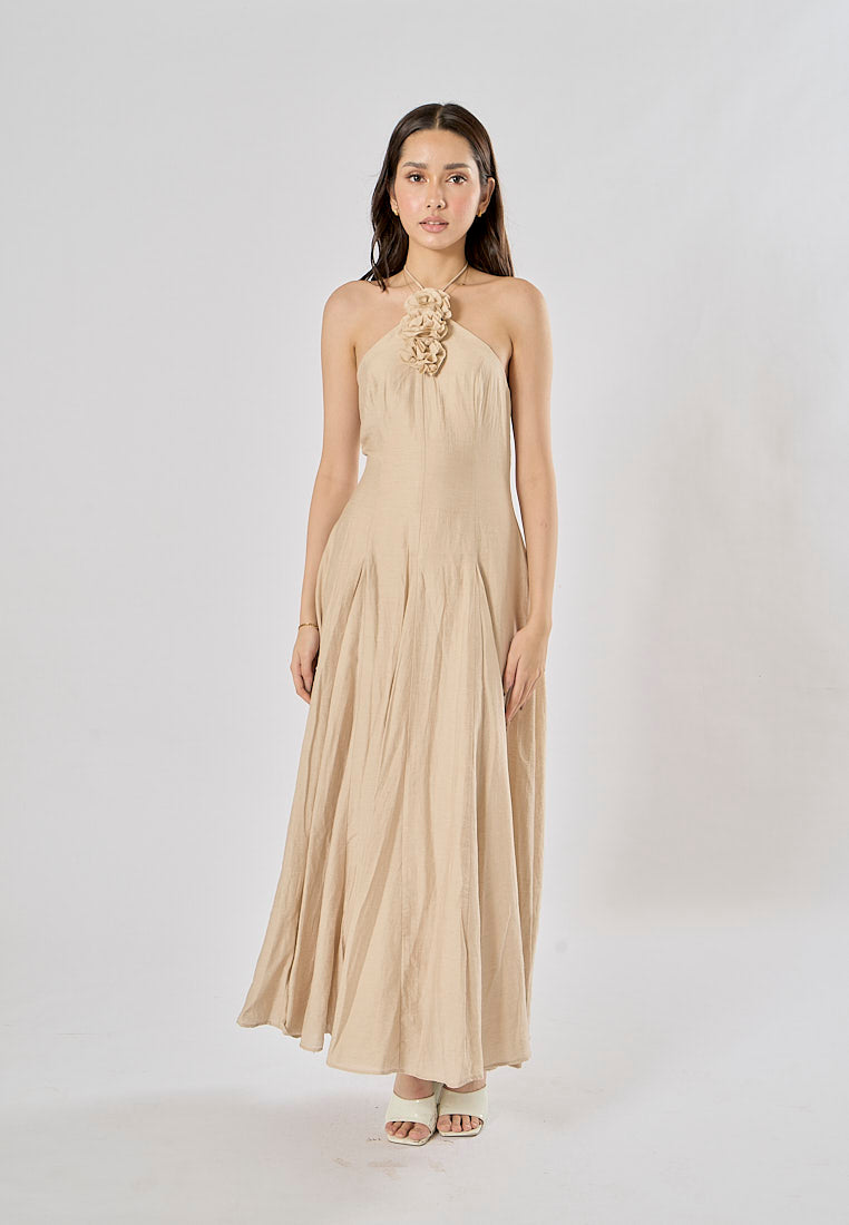 Leigh Cream Halter Backless with Flower Detail Midi Dress