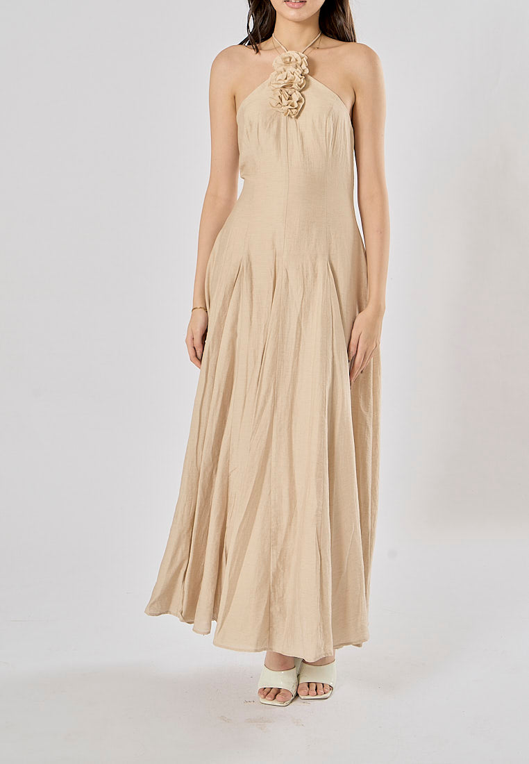Leigh Cream Halter Backless with Flower Detail Midi Dress