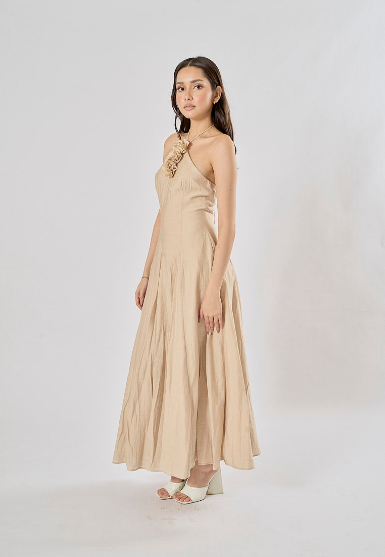 Leigh Cream Halter Backless with Flower Detail Midi Dress