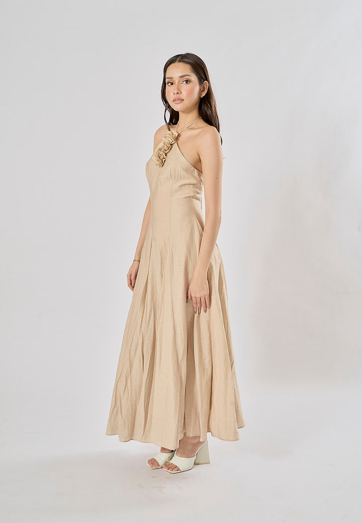 Leigh Cream Halter Backless with Flower Detail Midi Dress