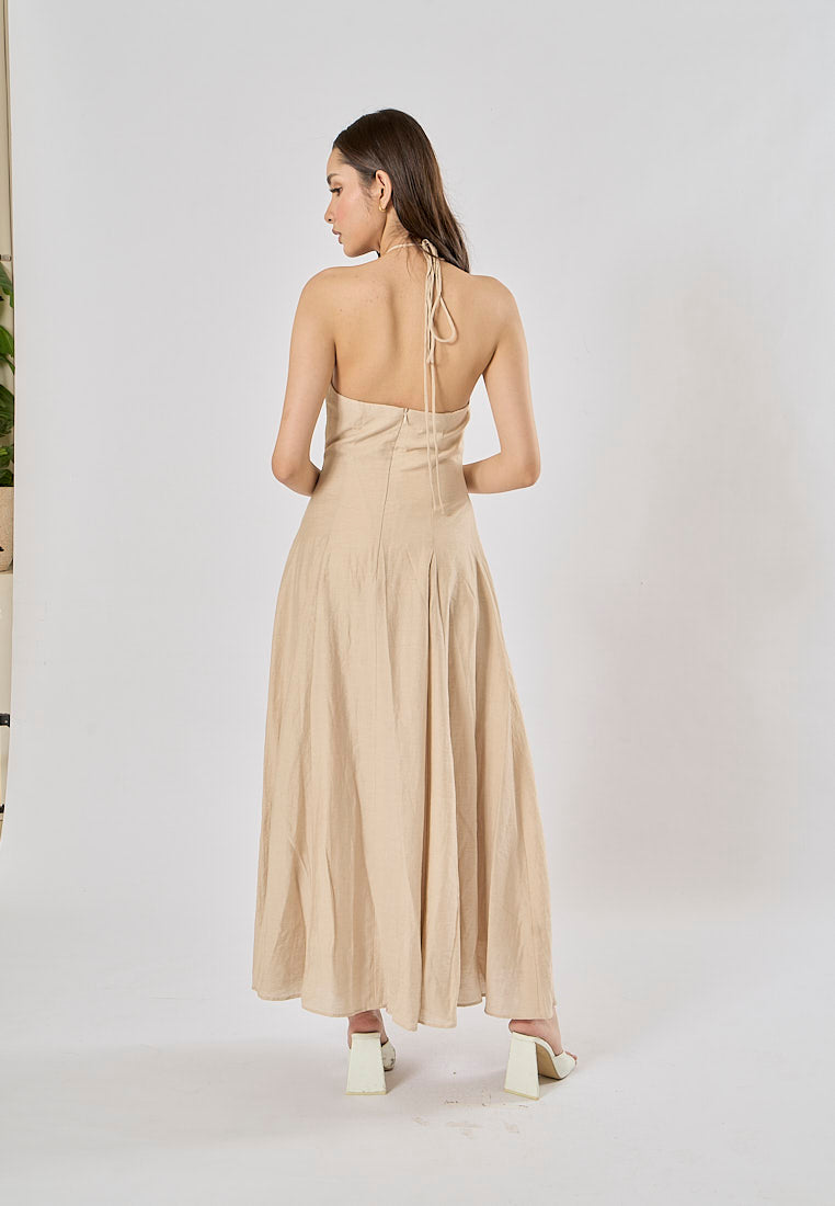Leigh Cream Halter Backless with Flower Detail Midi Dress