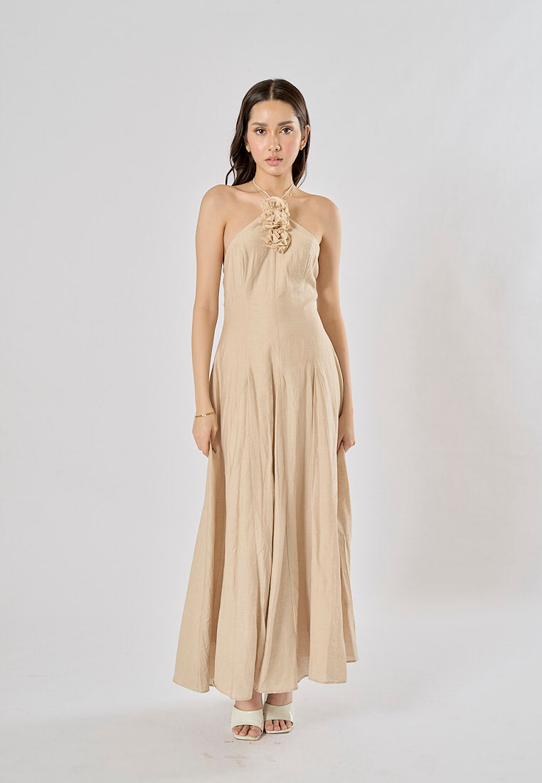 Leigh Cream Halter Backless with Flower Detail Midi Dress