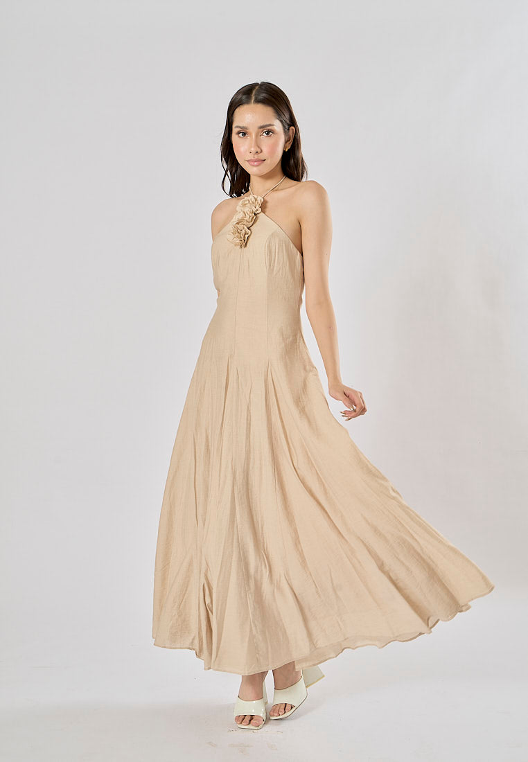 Leigh Cream Halter Backless with Flower Detail Midi Dress