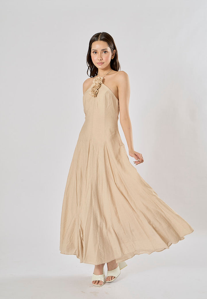 Leigh Cream Halter Backless with Flower Detail Midi Dress