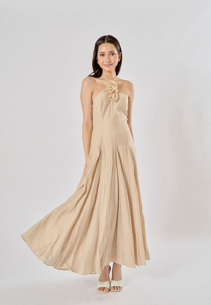 Leigh Cream Halter Backless with Flower Detail Midi Dress