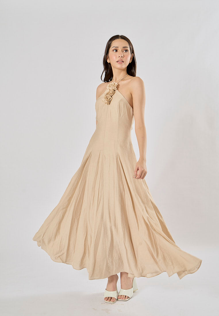 Leigh Cream Halter Backless with Flower Detail Midi Dress