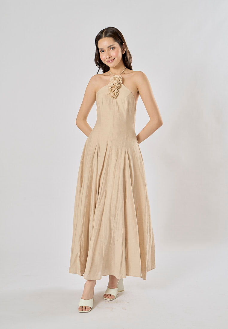 Leigh Cream Halter Backless with Flower Detail Midi Dress