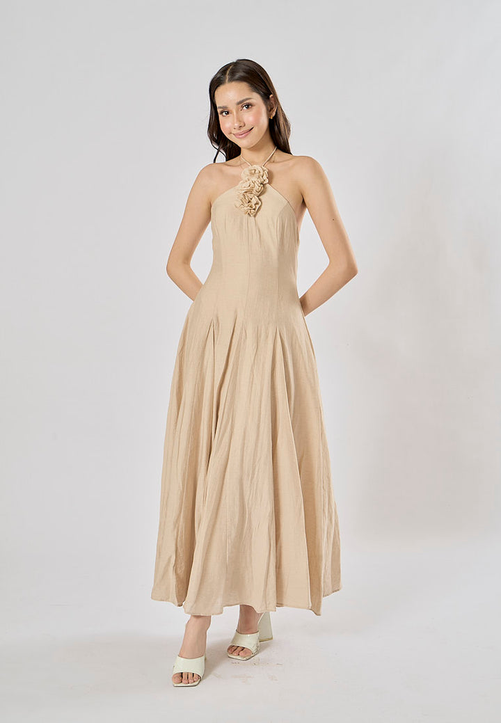Leigh Cream Halter Backless with Flower Detail Midi Dress