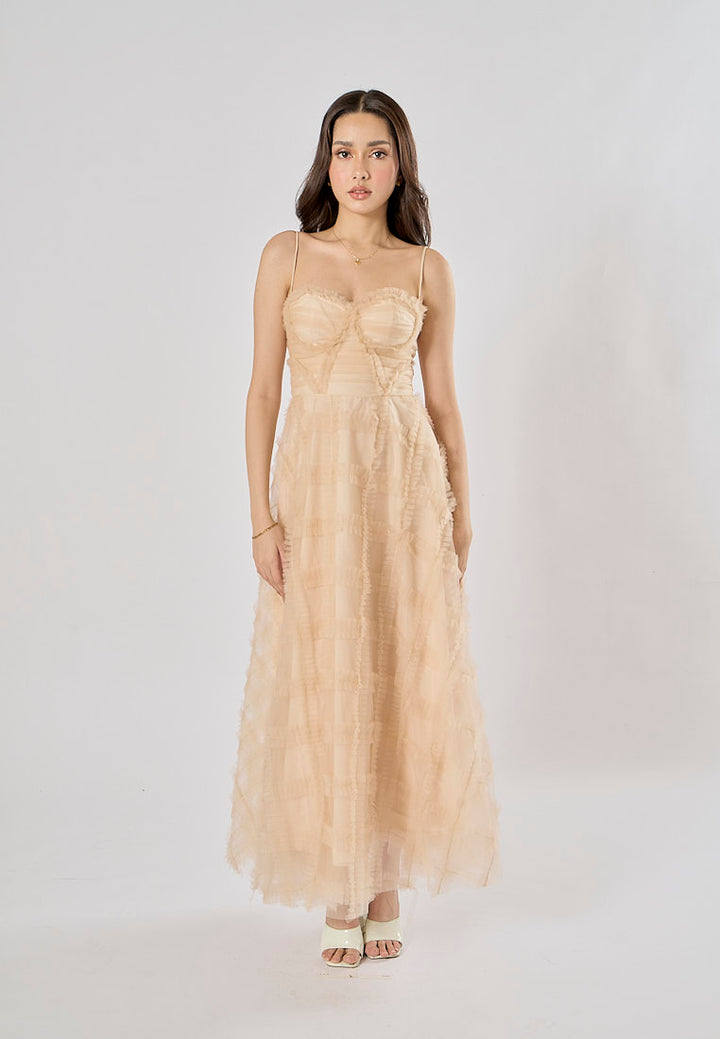 Ciaran Cream Sweetheart Neckline Sleveless Tassel  Maxi Dress