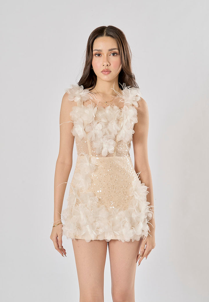 Pixie Cream Off Shoulder With Flower Applique Mini Dress