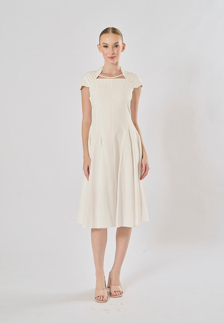 Helena White Square Collar Short Sleeve Pleated Midi Dress