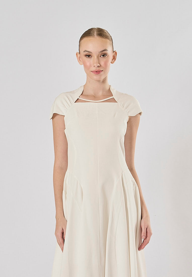 Helena White Square Collar Short Sleeve Pleated Midi Dress