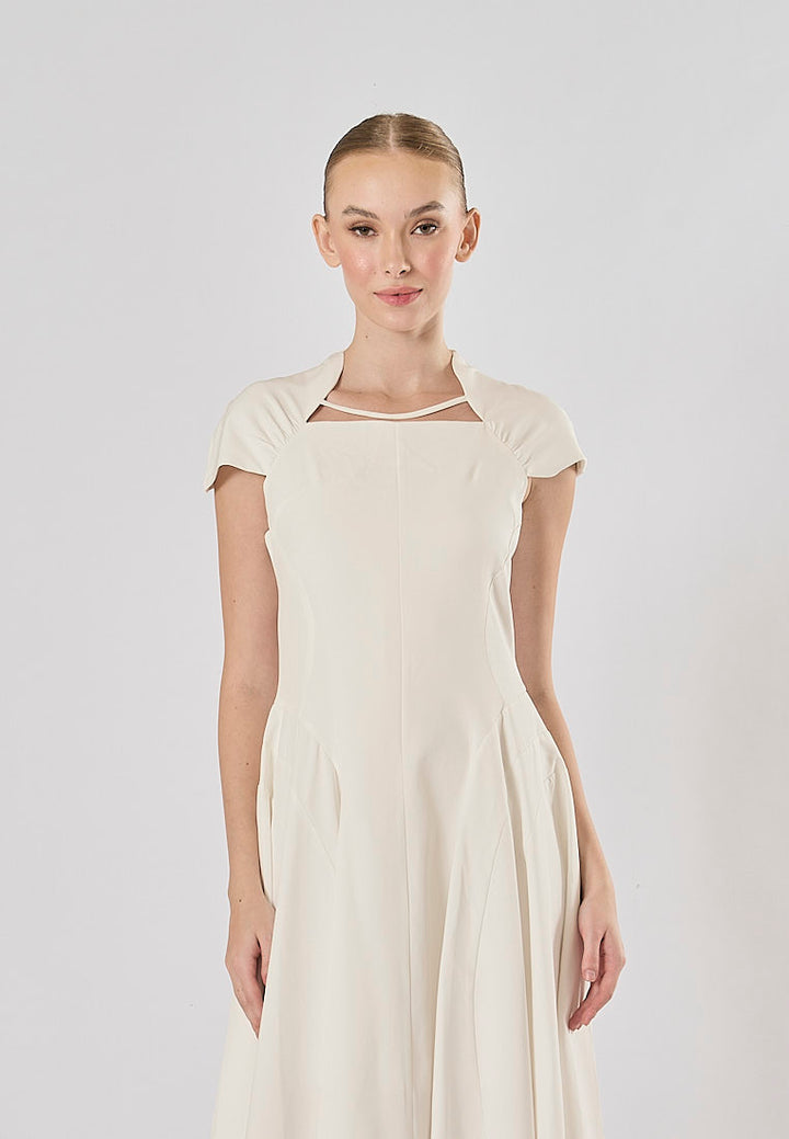 Helena White Square Collar Short Sleeve Pleated Midi Dress