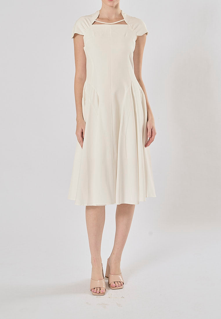 Helena White Square Collar Short Sleeve Pleated Midi Dress