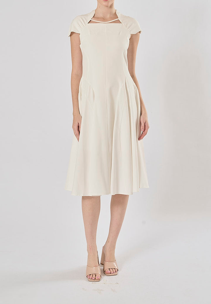 Helena White Square Collar Short Sleeve Pleated Midi Dress