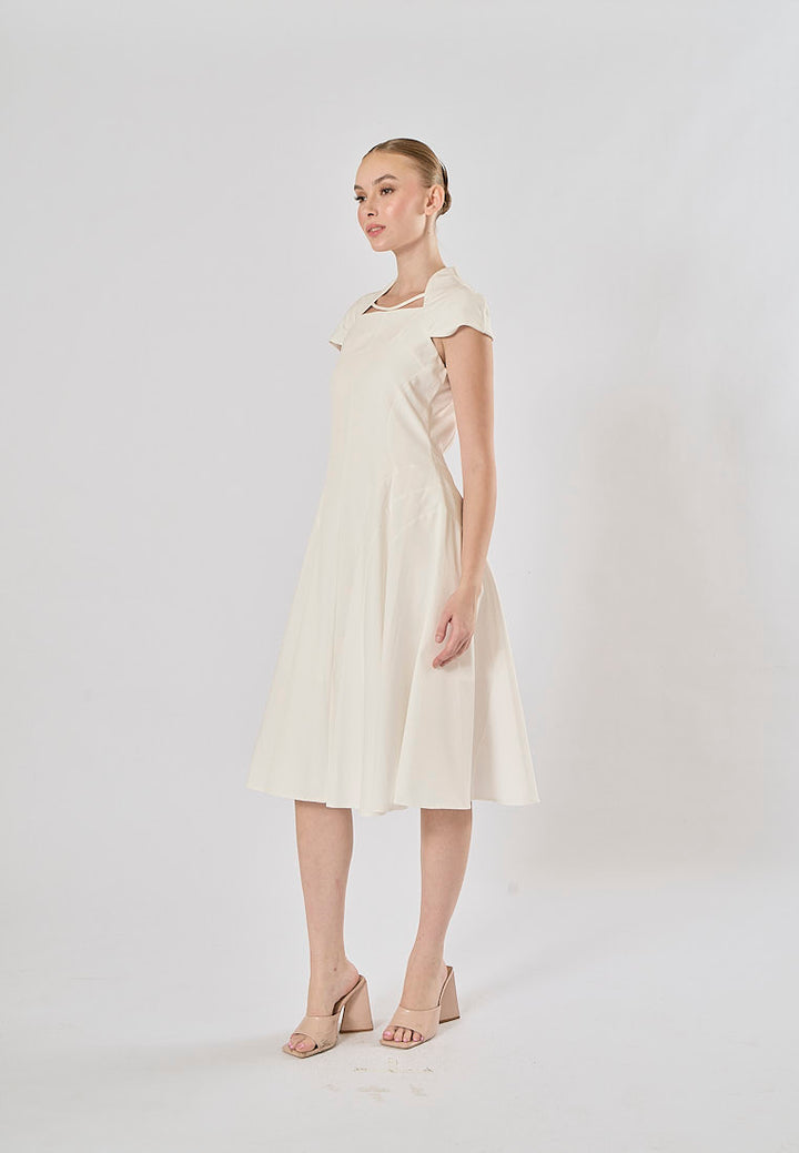 Helena White Square Collar Short Sleeve Pleated Midi Dress
