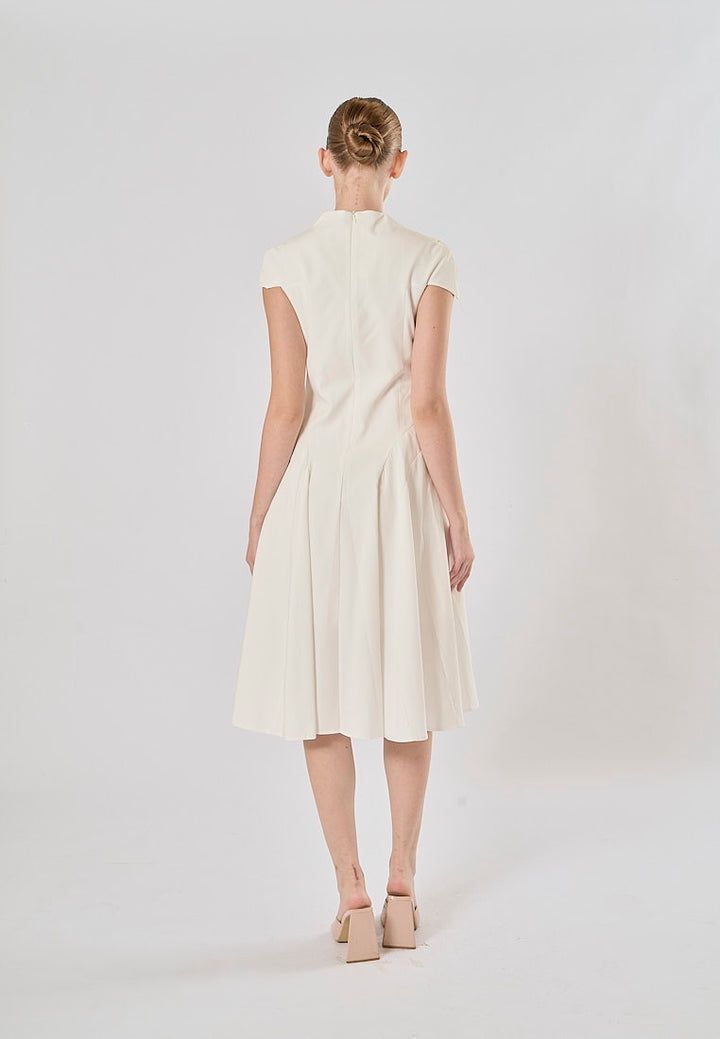 Helena White Square Collar Short Sleeve Pleated Midi Dress