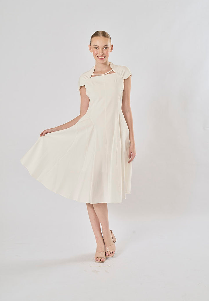 Helena White Square Collar Short Sleeve Pleated Midi Dress