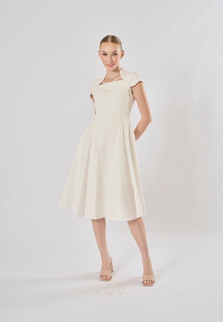 Helena White Square Collar Short Sleeve Pleated Midi Dress