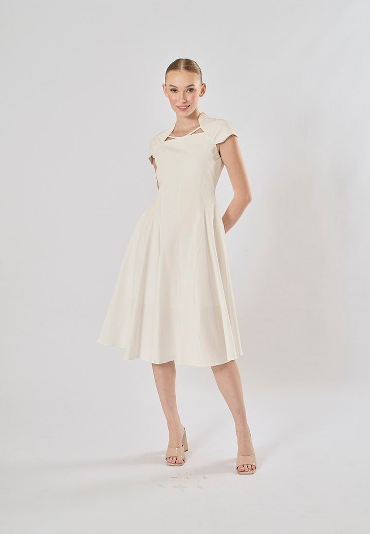 Helena White Square Collar Short Sleeve Pleated Midi Dress