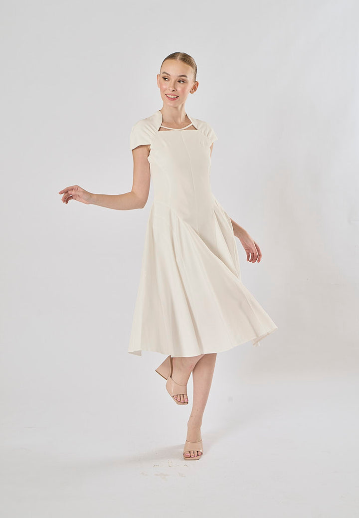 Helena White Square Collar Short Sleeve Pleated Midi Dress