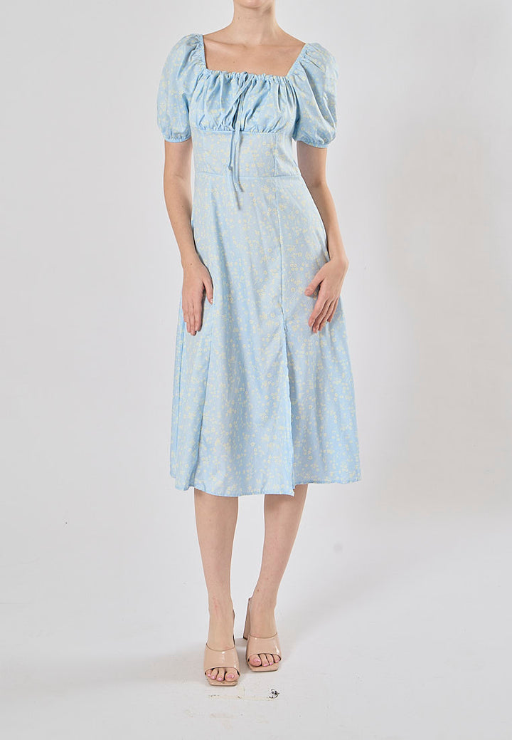 Dorris Light Blue Floral Print Square Collar Short Puff Sleeve Side Split Maxi Dress