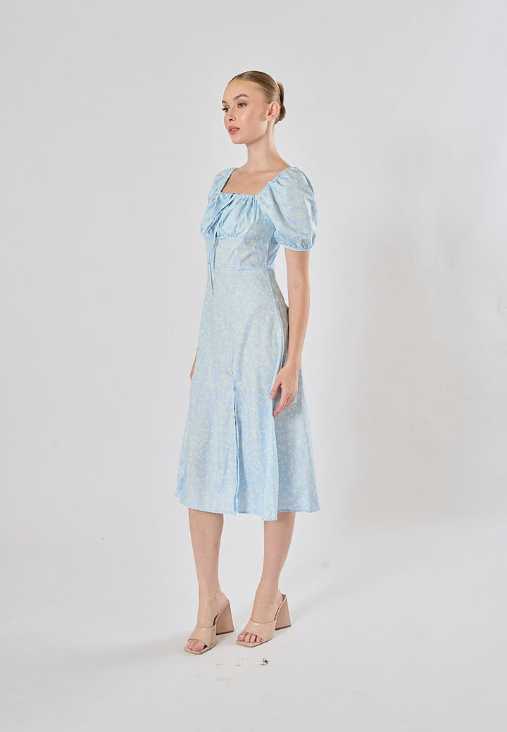 Dorris Light Blue Floral Print Square Collar Short Puff Sleeve Side Split Maxi Dress