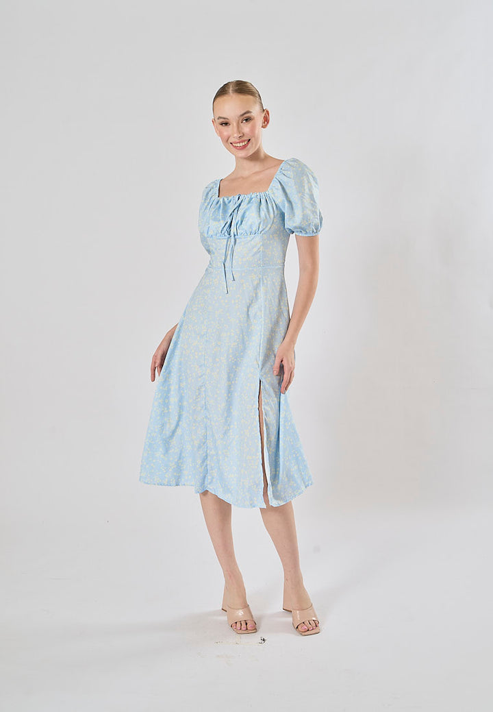 Dorris Light Blue Floral Print Square Collar Short Puff Sleeve Side Split Maxi Dress