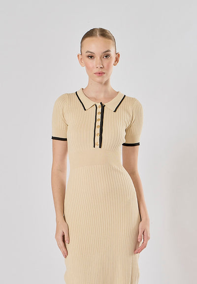 Hollis White Short Sleeve Sailor Collar Knitted Midi Dress