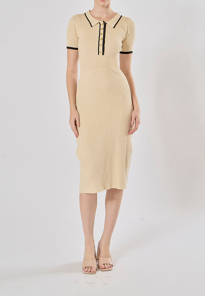 Hollis White Short Sleeve Sailor Collar Knitted Midi Dress