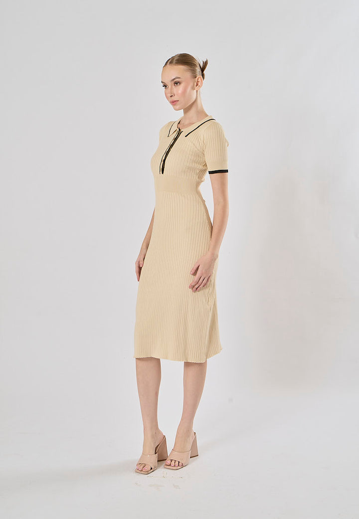 Hollis White Short Sleeve Sailor Collar Knitted Midi Dress
