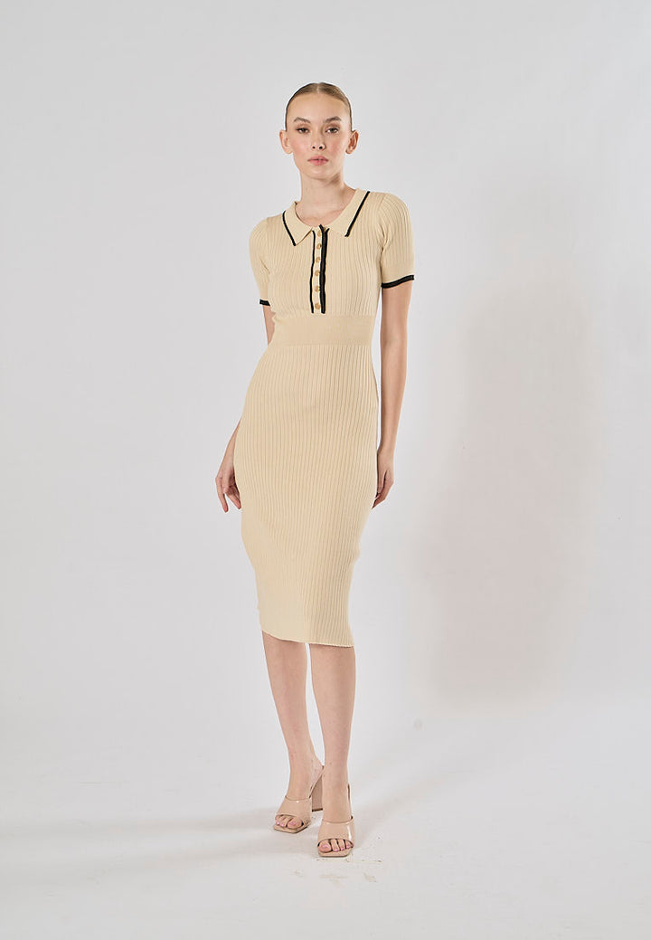 Hollis White Short Sleeve Sailor Collar Knitted Midi Dress
