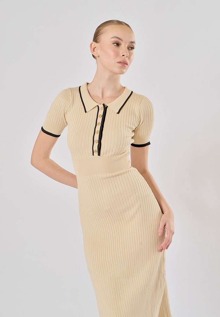 Hollis White Short Sleeve Sailor Collar Knitted Midi Dress