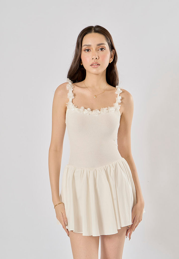 Emilia White Spaghetti Strap Knitted With Lace Mini Dress