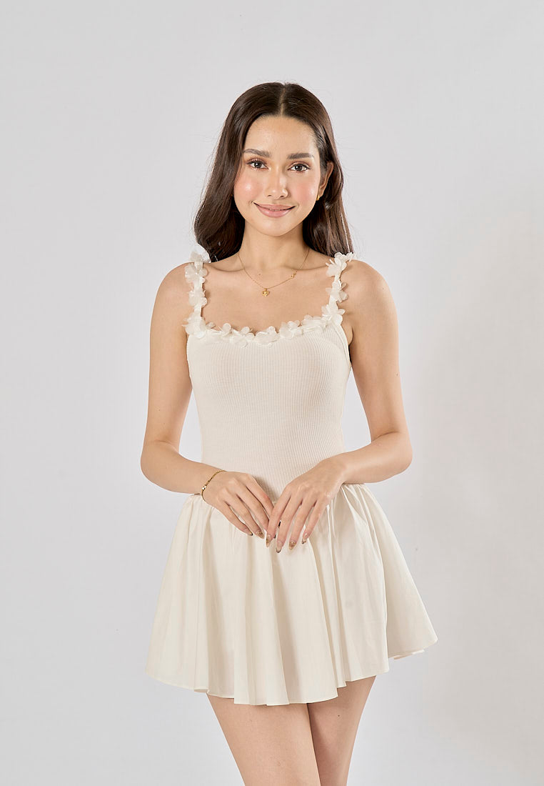 Emilia White Spaghetti Strap Knitted With Lace Mini Dress