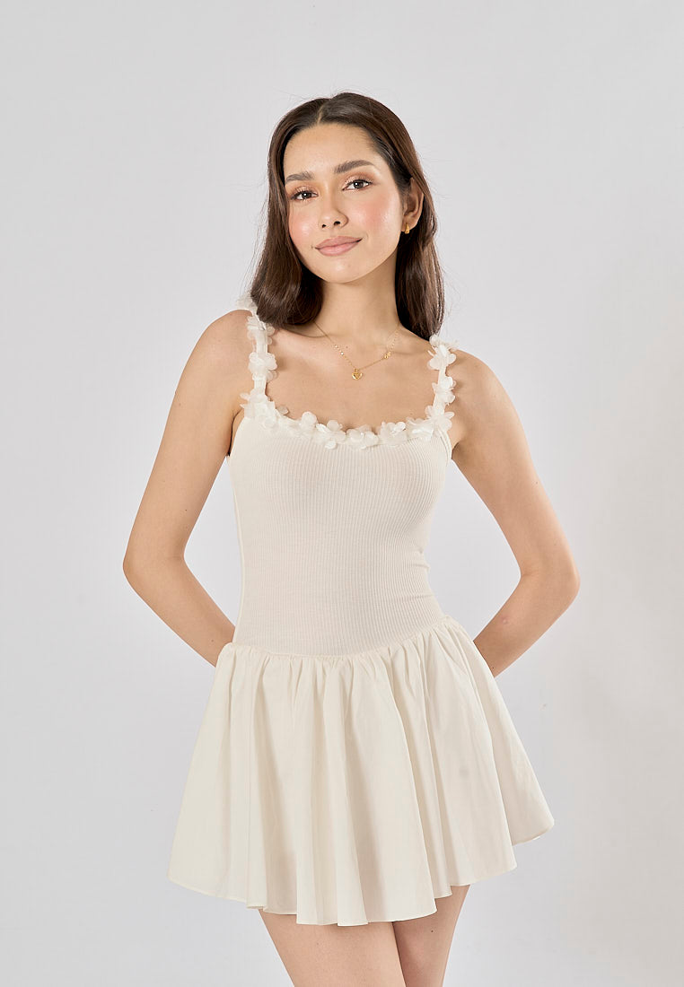 Emilia White Spaghetti Strap Knitted With Lace Mini Dress