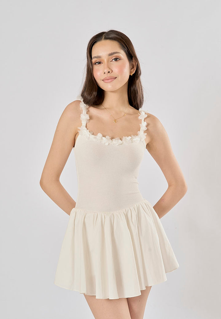 Emilia White Spaghetti Strap Knitted With Lace Mini Dress
