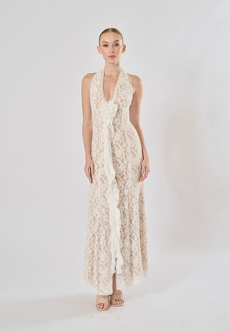 Zola White Halter Lace Flower With Front Slit Maxi Dress
