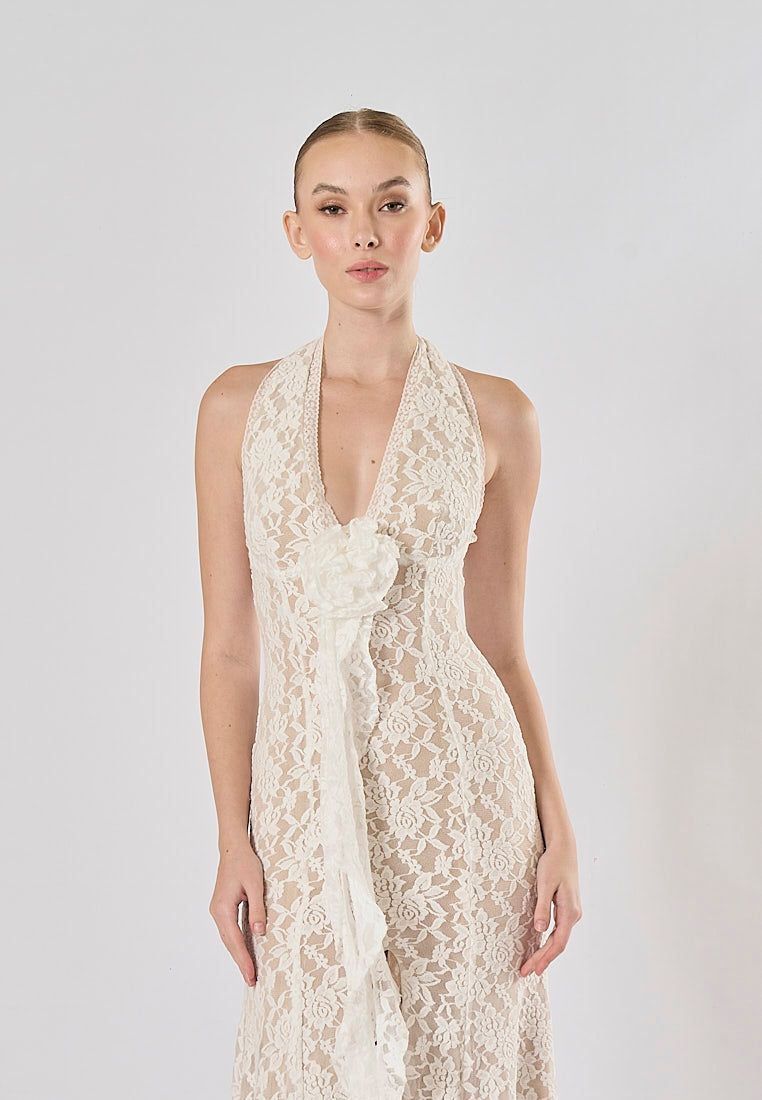 Zola White Halter Lace Flower With Front Slit Maxi Dress